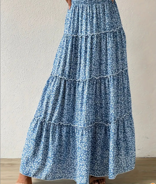 Floral Print High-waist Skirt - Sky Blue